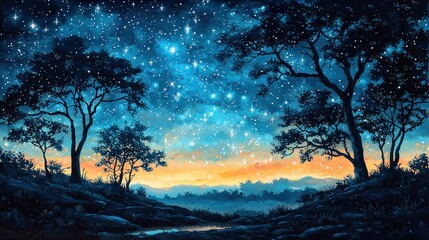 Enchanting dreamy twilight landscape painting capturing a serene forest silhouette under starry sky night beauty