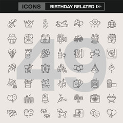 Versatile Birthday Icon Set Featuring 49 Line Art Symbols Including Cakes, Balloons, Party Hats, Gifts, Music, Festive Food, and Fun Elements for Celebratory Designs