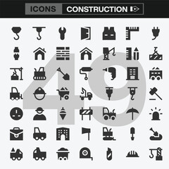 Comprehensive Construction Icon Set Featuring 49 Line Art Symbols of Tools, Equipment, and Safety Gear for Industrial and Architectural Design Applications