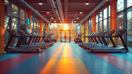 Back view of active young couple running on treadmills, man and woman performing cardio workout in gym. Families practicing self-care.