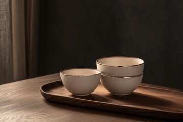 Stylish, minimalist bowls arranged on a wooden tray.