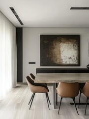 A modern minimal dining room with an abstract painting