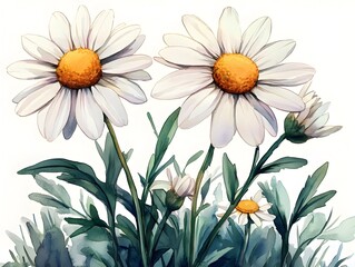 Fototapeta premium Two large white daisies with yellow centers bloom vibrantly against a backdrop of lush green foliage and smaller buds.