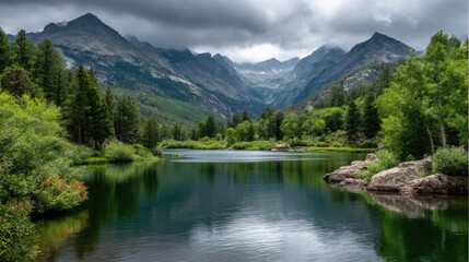 Fototapeta premium Scenic view of lake in pine forest with cloudy summer sky concept. Serene lake surrounded by majestic mountains and lush greenery.