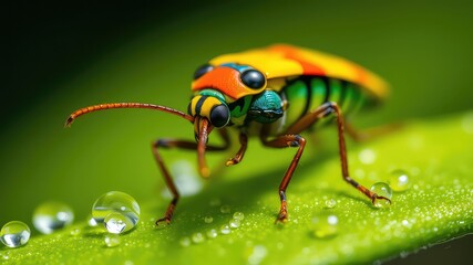 Naklejka premium Vibrant Insect on Dew-Covered Leaf, a Close-Up Macro Photograph