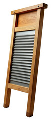 Side view of a vintage wooden washboard with a metal scrubbing surface and rectangular frame, fully isolated on a pure white background with margins, no shadow
