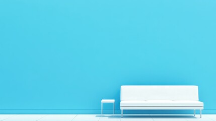 Minimalist white sofa and side table against a light blue wall
