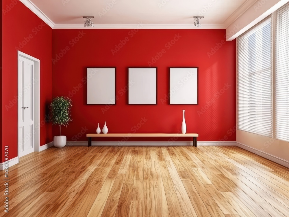 Poster modern interior design with red walls and empty canvas frames