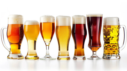 Selection of different beer styles in various glasses. Light to dark ales and lagers with foamy heads.