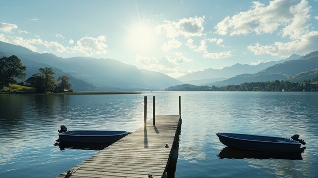 Sunshine on a quiet dock by the lake with boats floating gently