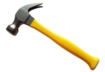 Isolated claw hammer with bright yellow fiberglass shaft and polished steel head, side-facing image on white background with no shadow and margins included
