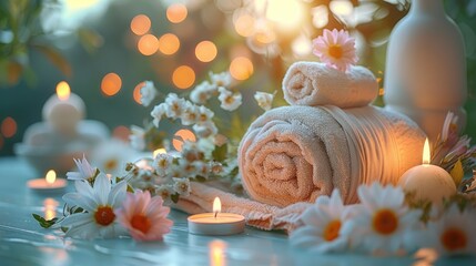 Hot herbal ball spa massage body treatment, masseur gently compresses herb bag on woman body. Tranquil and serenity of aromatherapy recreation in warm lighting of candles at spa salon.