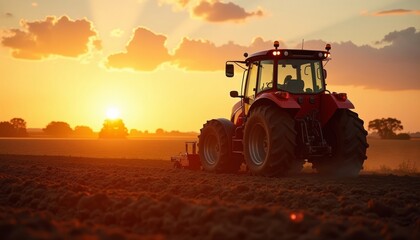 Obraz premium Tractor in Field During Sunset