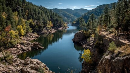 Fototapeta premium Scenic view of lake in pine forest with reservoir and sky concept. Serene river flowing through lush green mountains and rocky terrain.