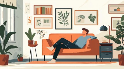 Indoor calm scene of man reclining on vibrant sofa amidst plants and curated artwork illustration