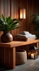 Serene luxury spa interior with wooden paneled walls, warm wall sconce lighting, potted plants, folded towels on wooden tray, wicker basket, and candle lantern in wellness retreat setting