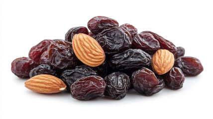 Pile of dark raisins mixed with almonds on a white background. Healthy snack and baking ingredient.
