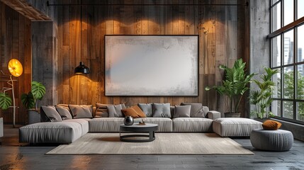 Modern living room interior with large windows and city view. 3D Rendering.