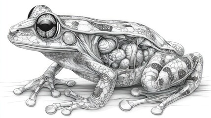 Detailed anatomical drawing of a frog.  Internal organs visible through skin