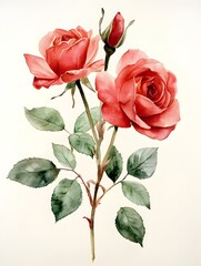 A delicate watercolor painting showcases two vibrant red roses and a bud on a single stem with lush green leaves against a white background.