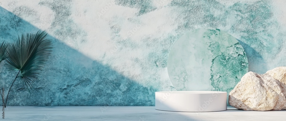 Aufkleber modern minimalistic design showcasing circular platform with natural stones and soft light in serene