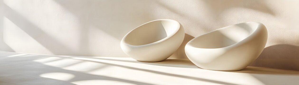 Two minimalist egg-shaped chairs in a sunlit room.