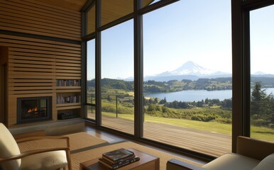Fototapeta premium Serene Interior with Stunning Mountain View from Modern Living Room