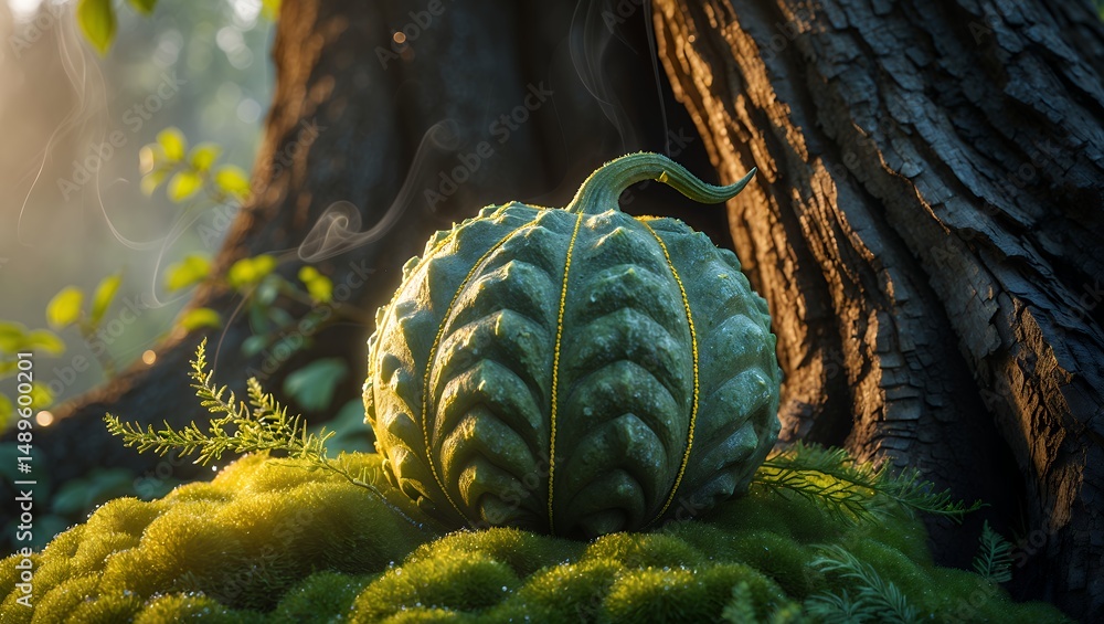 Poster gourd resting on moss near tree with forest background