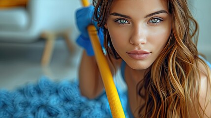 Young woman with mop and gloves at home, closeup.