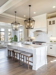 A modern kitchen showcases elegant chandeliers in a bright interior