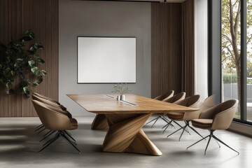 Modern conference room with wooden table and chairs.  Large blank canvas on the wall, natural light, and plants in the space