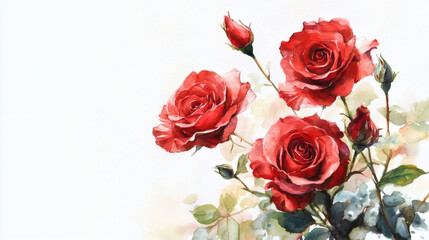 A beautiful bouquet of red roses arranged in a watercolor corner composition