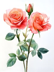 Two peach roses and a bud watercolor painting on white background botanical illustration floral art romantic flowers nature