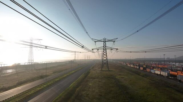 Aerial view of a newly installed power line pylon. Portable Tower or Power Tower. The drone's camera moves between the wires of the power line. Maintaining a high voltage overhead power line.