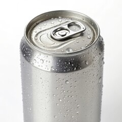 Sleek aluminum can covered in condensation, showcasing a modern beverage container.