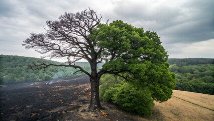 Obraz premium A large tree stands between a burnt, barren landscape and a lush, green field, illustrating a stark contrast between destruction and life.