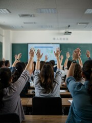 Students with hands up in class.