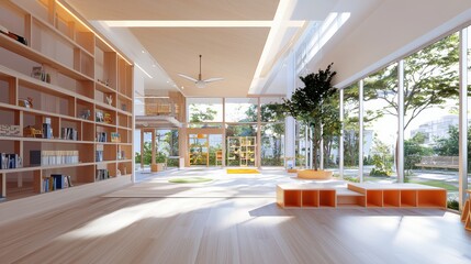 Modern architectural design contemporary library space interior natural light open environment aesthetic concept