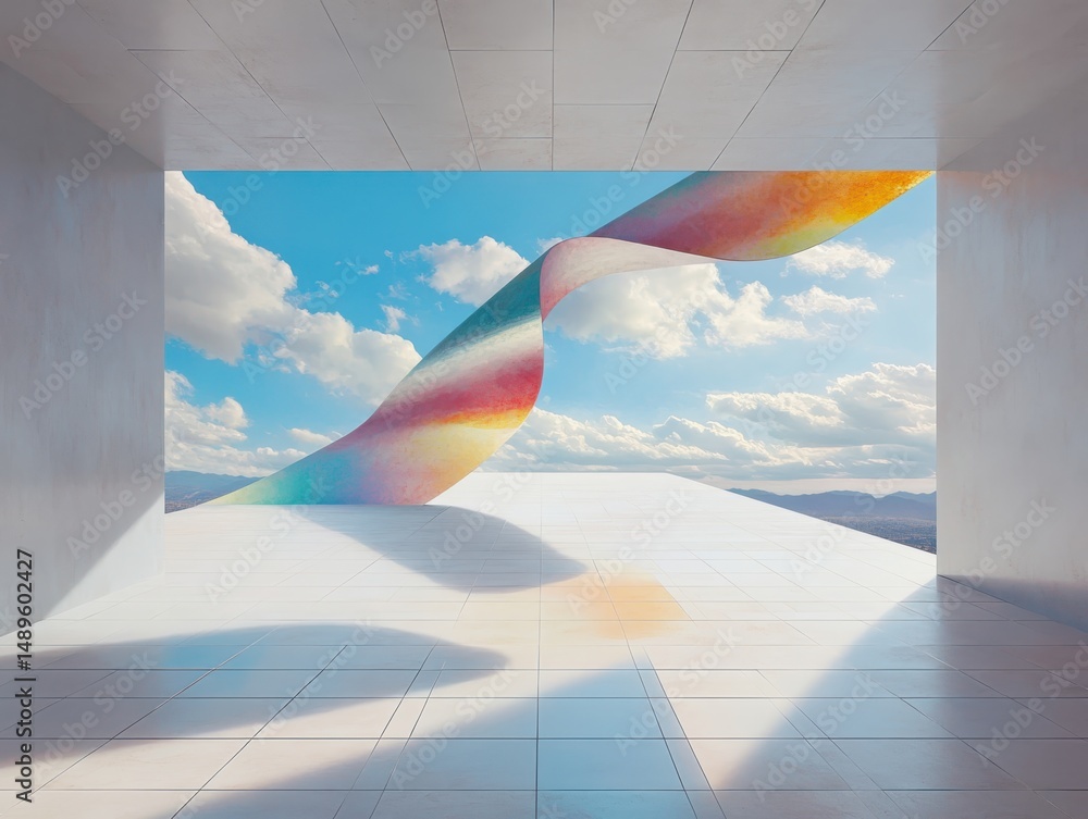 Poster dynamic colorful ribbon effect in modern interior space architectural visualization bright clouds vi