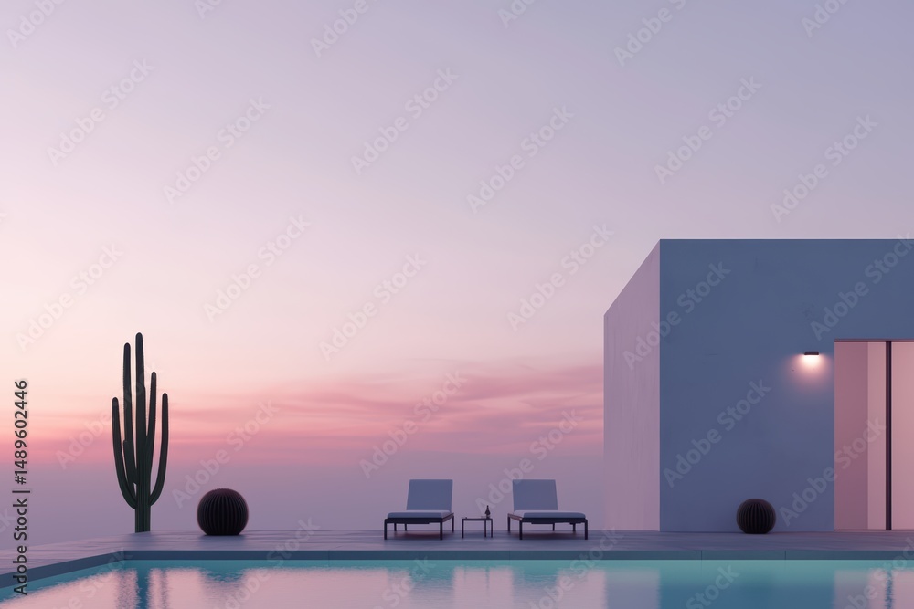 Poster modern minimalist poolside with cactus at sunset in tranquil setting