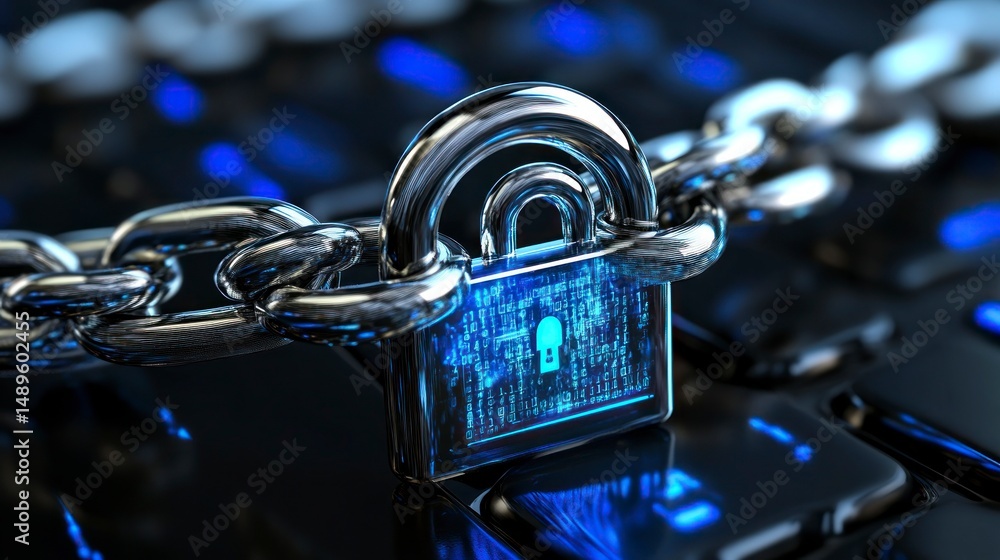 Poster digital lock secured by chain on keyboard