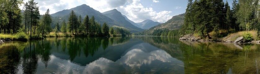 Fototapeta premium Scenic view of lake in pine forest with cloudy summer sky concept. Scenic mountain lake surrounded by lush greenery and reflections.