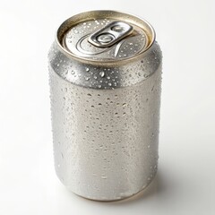 Chilled soda can with condensation on a white background.