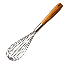 A stainless steel whisk with a wooden handle, essential for mixing, whipping, and preparing a variety of culinary delights [Transparent Background PNG].
