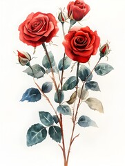 Fototapeta premium A watercolor painting showcases a vibrant bouquet of red roses with buds and green leaves against a pristine white background.