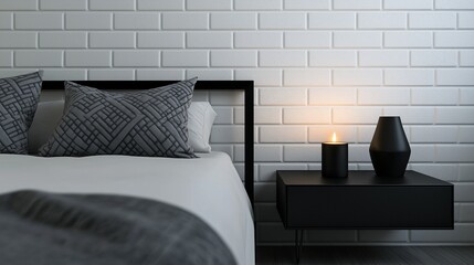 A sleek and minimal bedroom design with white brick walls, offering a modern, serene atmosphere. The black steel-framed bed is partially visible with neatly arranged gray geometric pillows. 