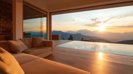 Fototapeta premium Elegant Modern Living Room Overlooking Mountain Sunset View