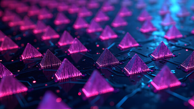 Dynamic triangle network with color-coded data channels, visualizing digital circuit logic and processing flow.