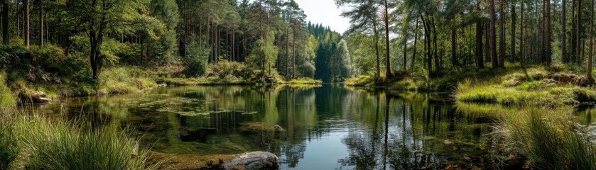 Scenic view of lake in pine forest around beautiful landscape concept. Serene forest landscape with calm water and lush greenery.