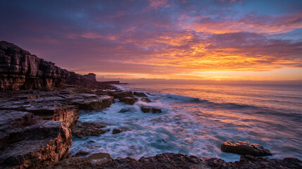 Obraz premium Seascape sunset photography portland bill dorset uk coastline ocean waves rocky shore landscape scenic view
